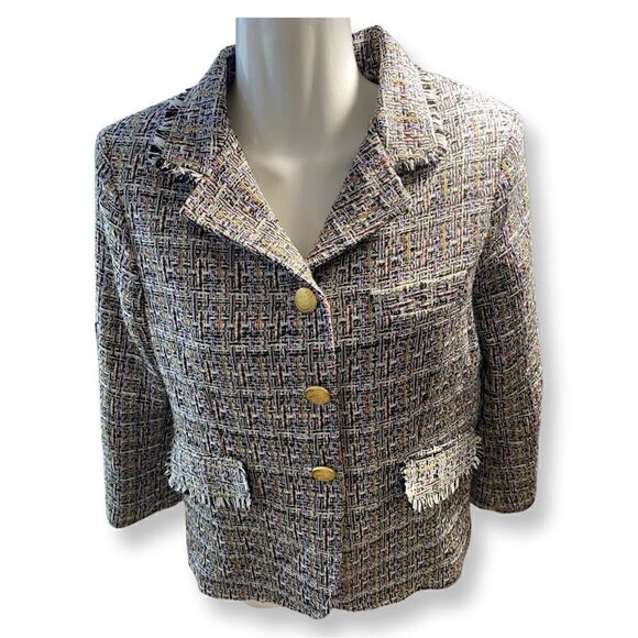 𝅺jacket Society cropped tweed Lurex fringe gold buttons tailored blazer Sz S - Picture 2 of 15